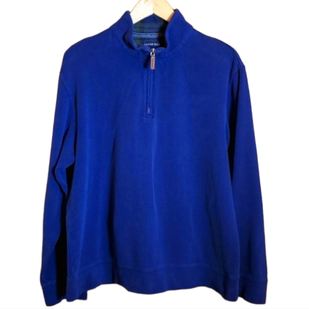 🧥 LANDS END L 42/ 44 BLUE COTTON MINOR TURTLENECK ZIP COLLAR LONGSLEVE SWEATER